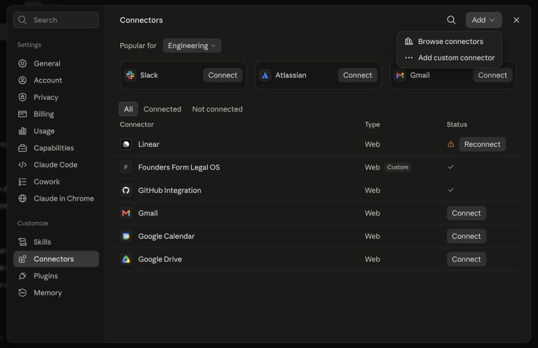 Claude Connectors settings with the Add custom connector option open