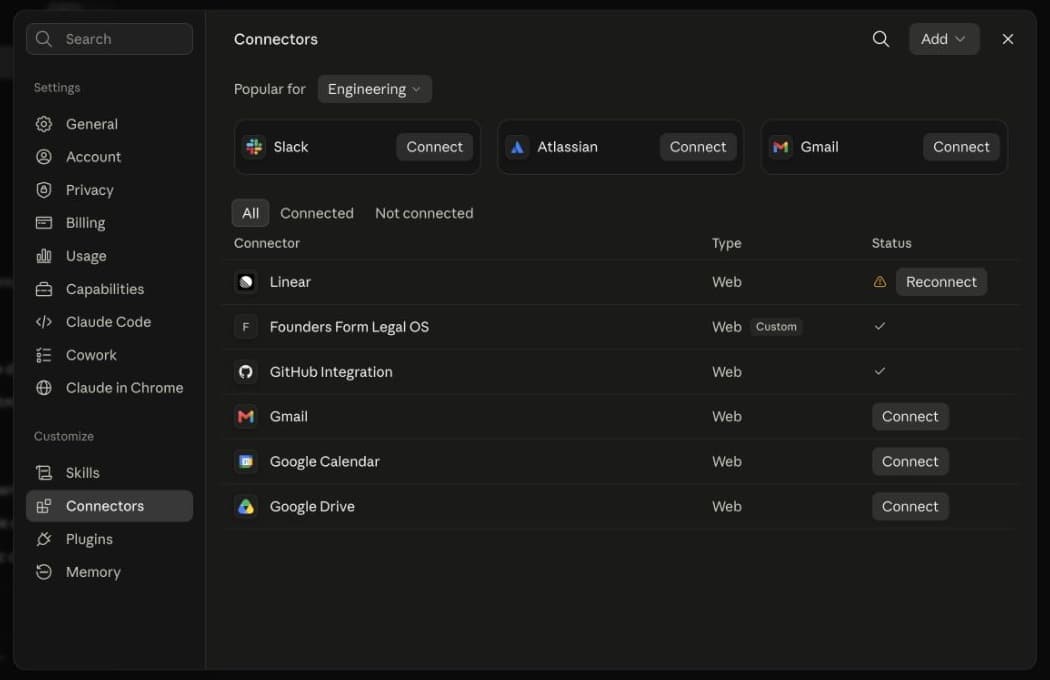 Claude Connectors settings showing Solvd Legal OS connected