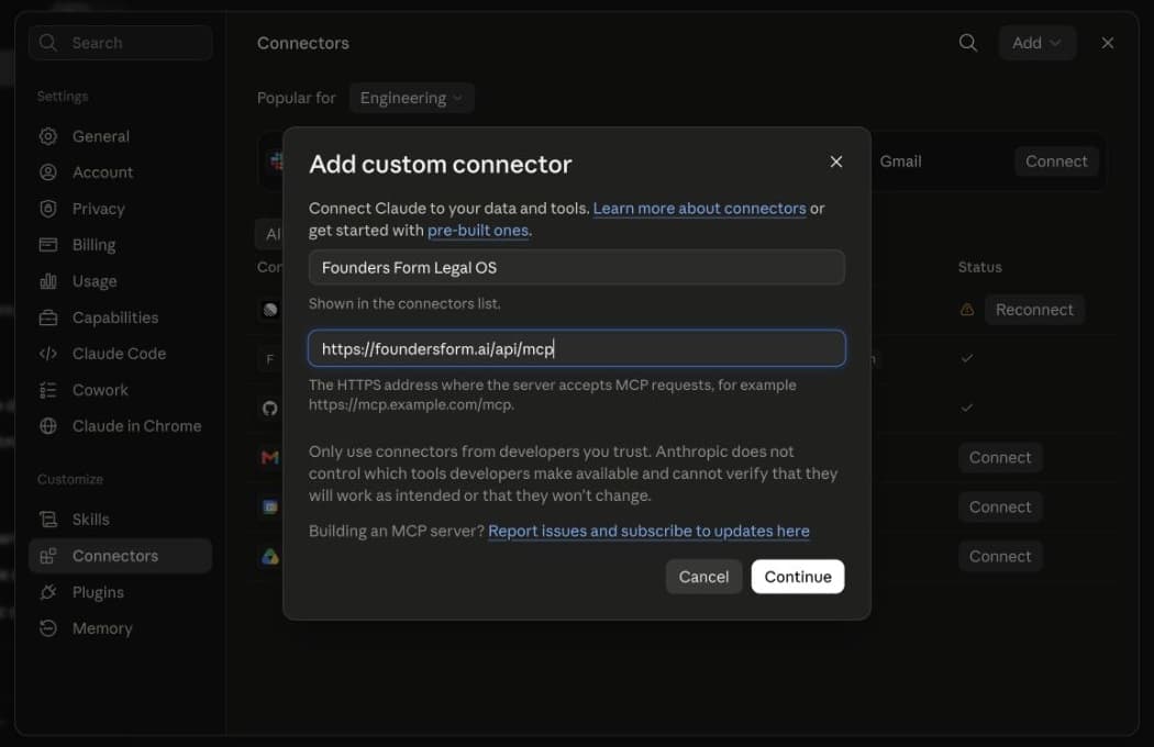 Claude custom connector form filled with the Solvd name and server address
